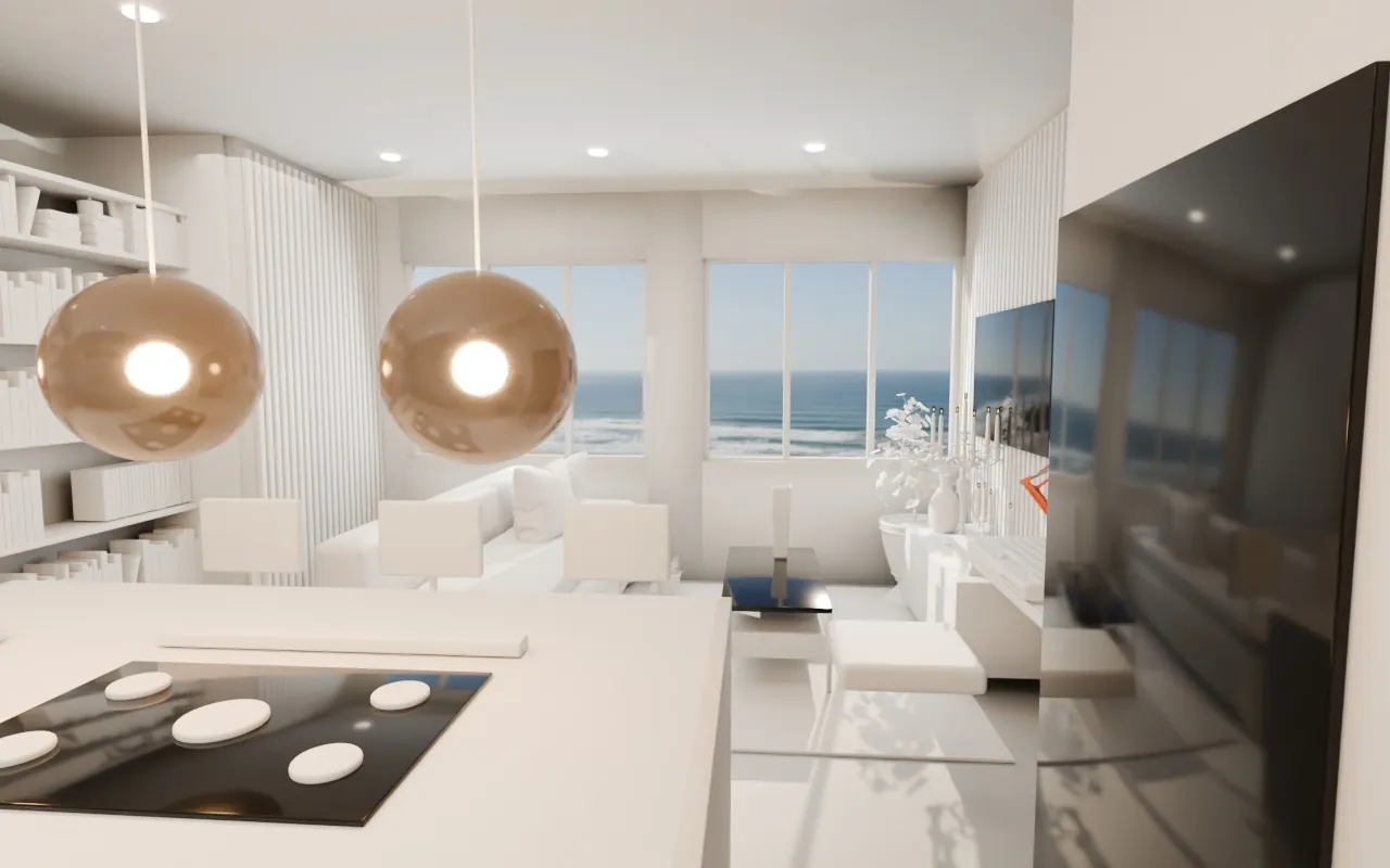 Open-plan living room facing the sea (clay)