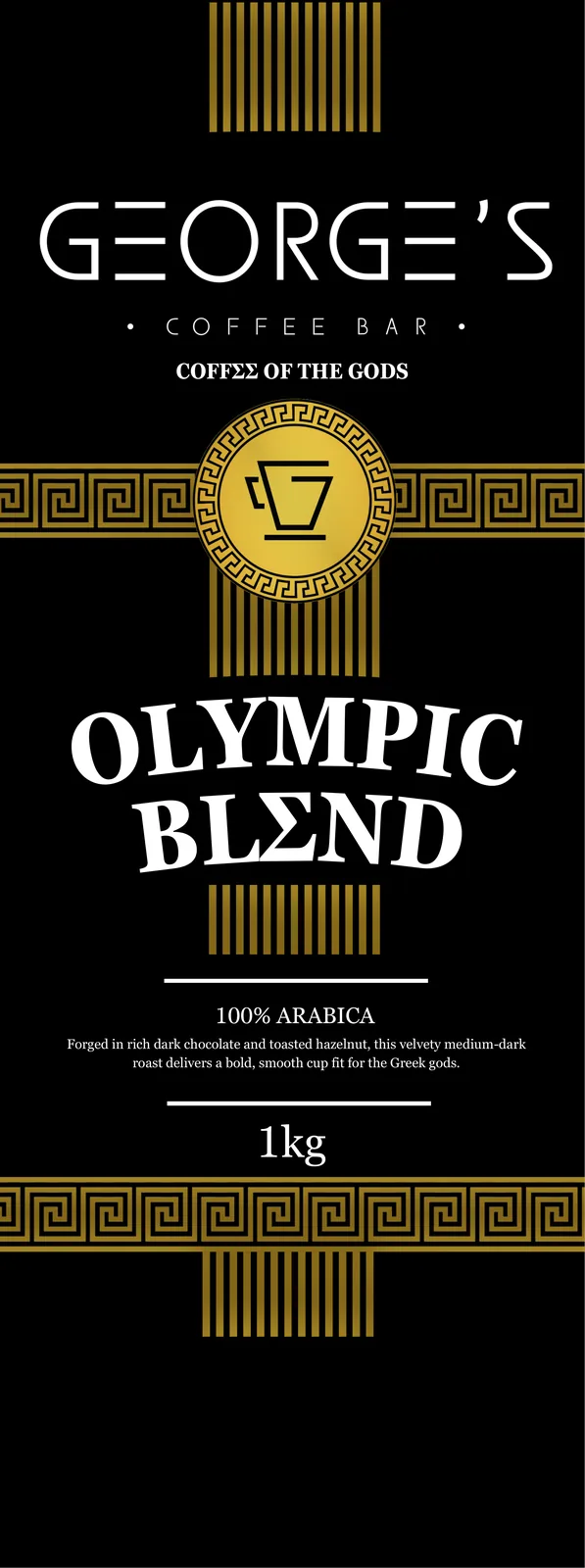 Front panel artwork: George's, Coffee of the gods, Olympic Blend