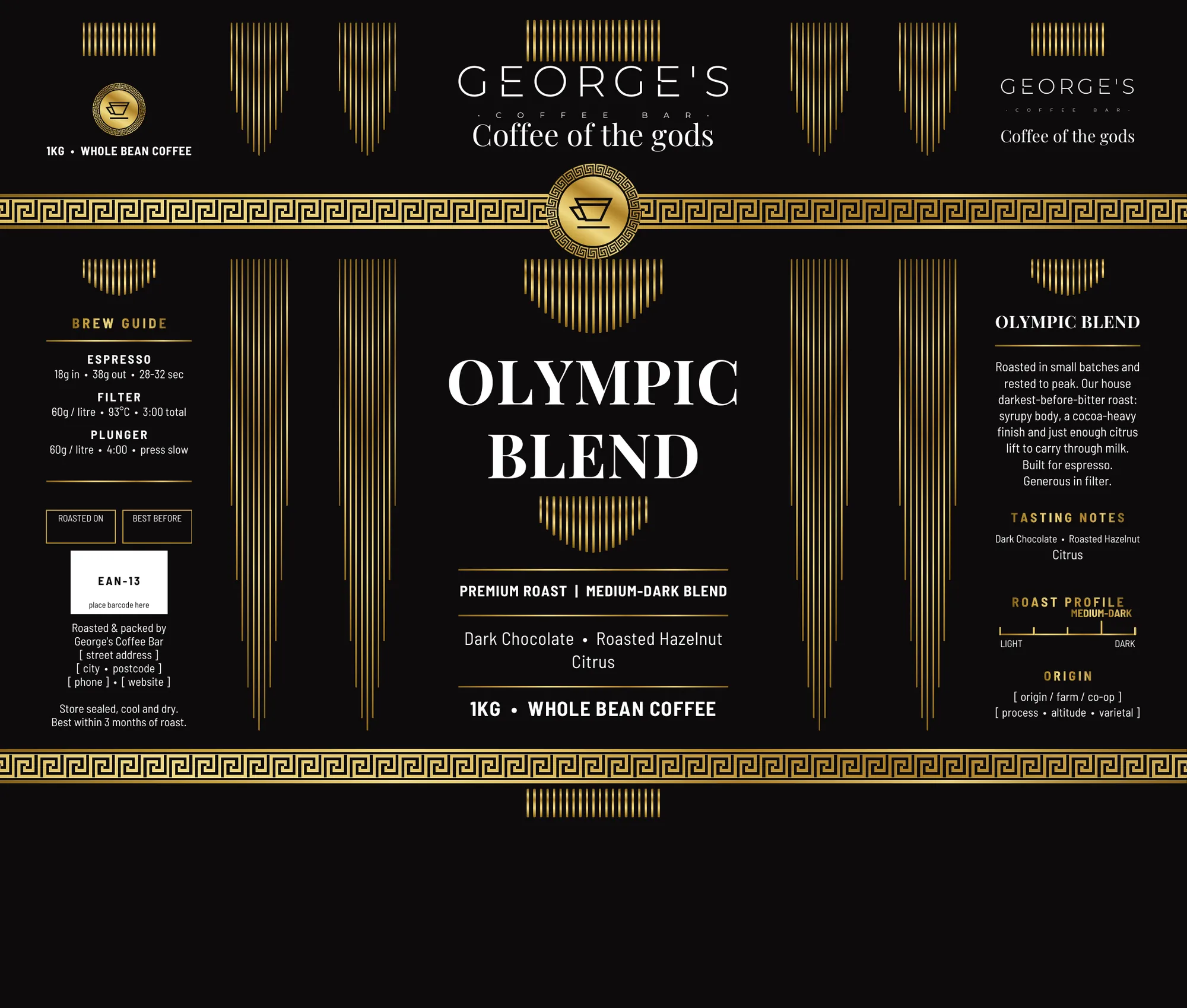 Print-ready dieline for the Olympic Blend bag: front, gussets and back panels
