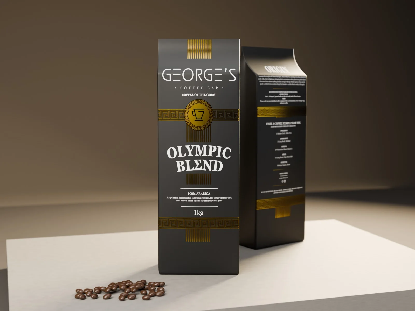 The Olympic Blend 1 kg coffee bag in black and gold foil on a stone plinth, with coffee beans