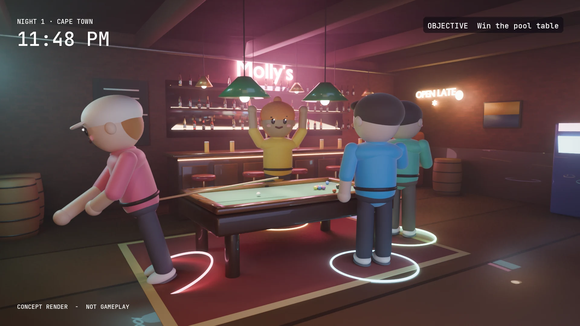 GReLMaJ concept render: five friends around a pool table in a neon-lit bar