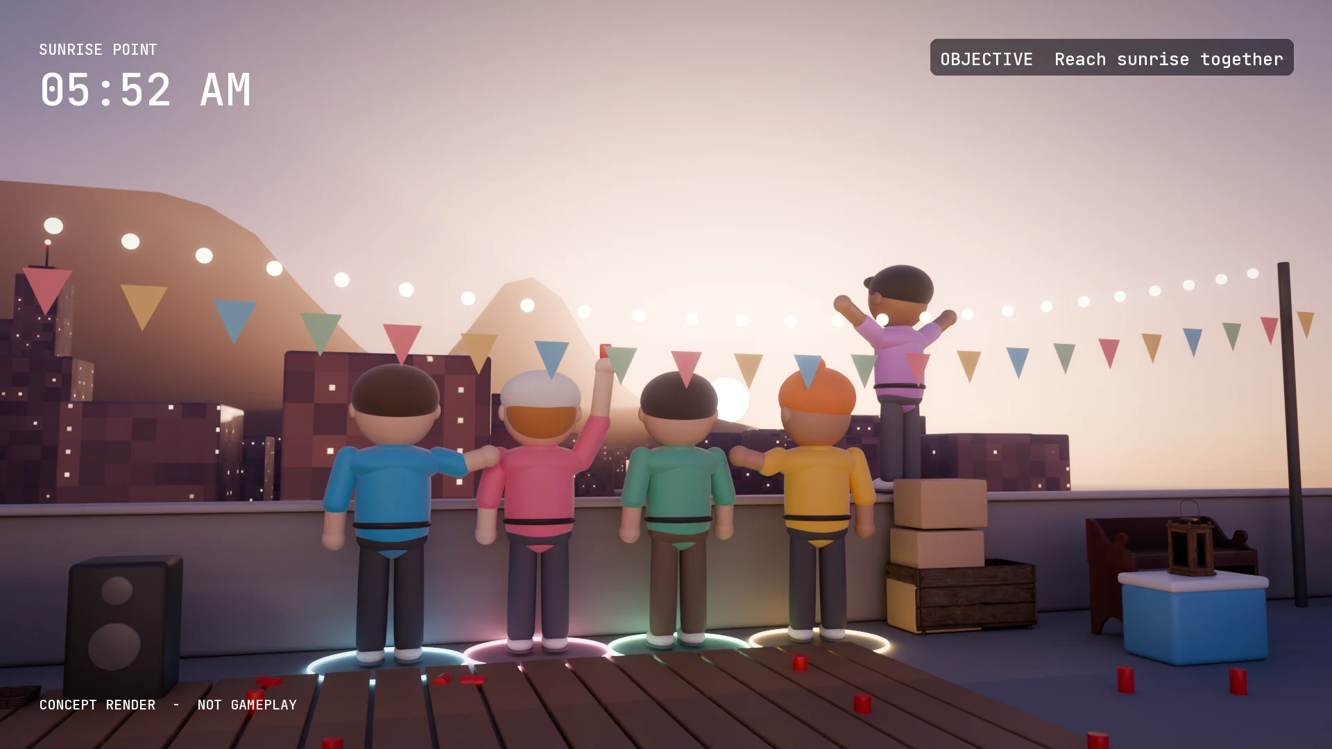 GReLMaJ concept render: five friends on a rooftop watching the sunrise over Cape Town