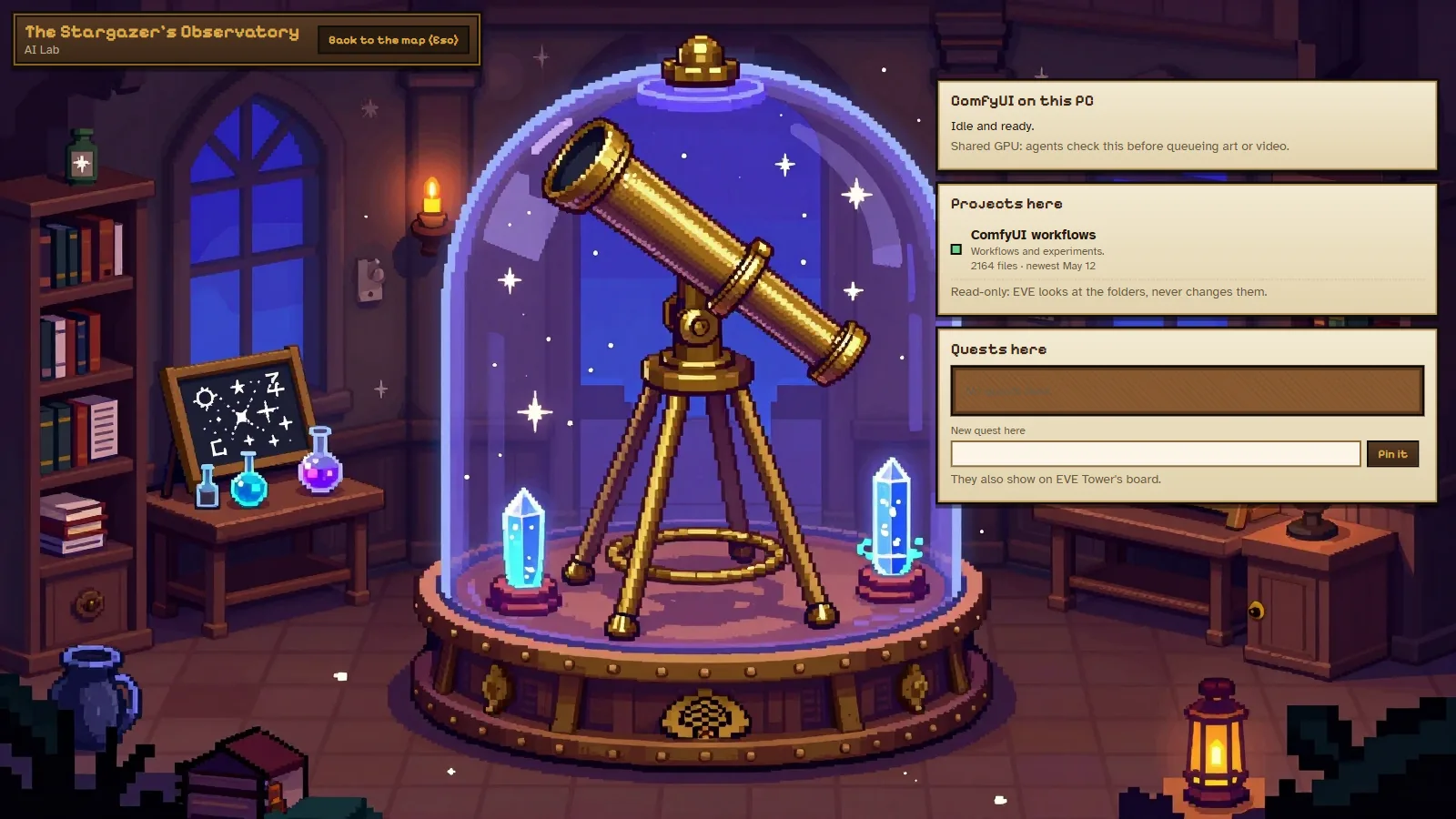 AI Lab interior with a telescope under glass