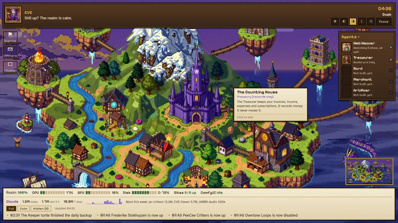 The Haven app at dusk: the island map with a parchment side panel listing departments