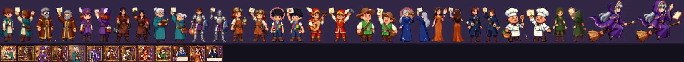 A row of pixel-art townsfolk sprites