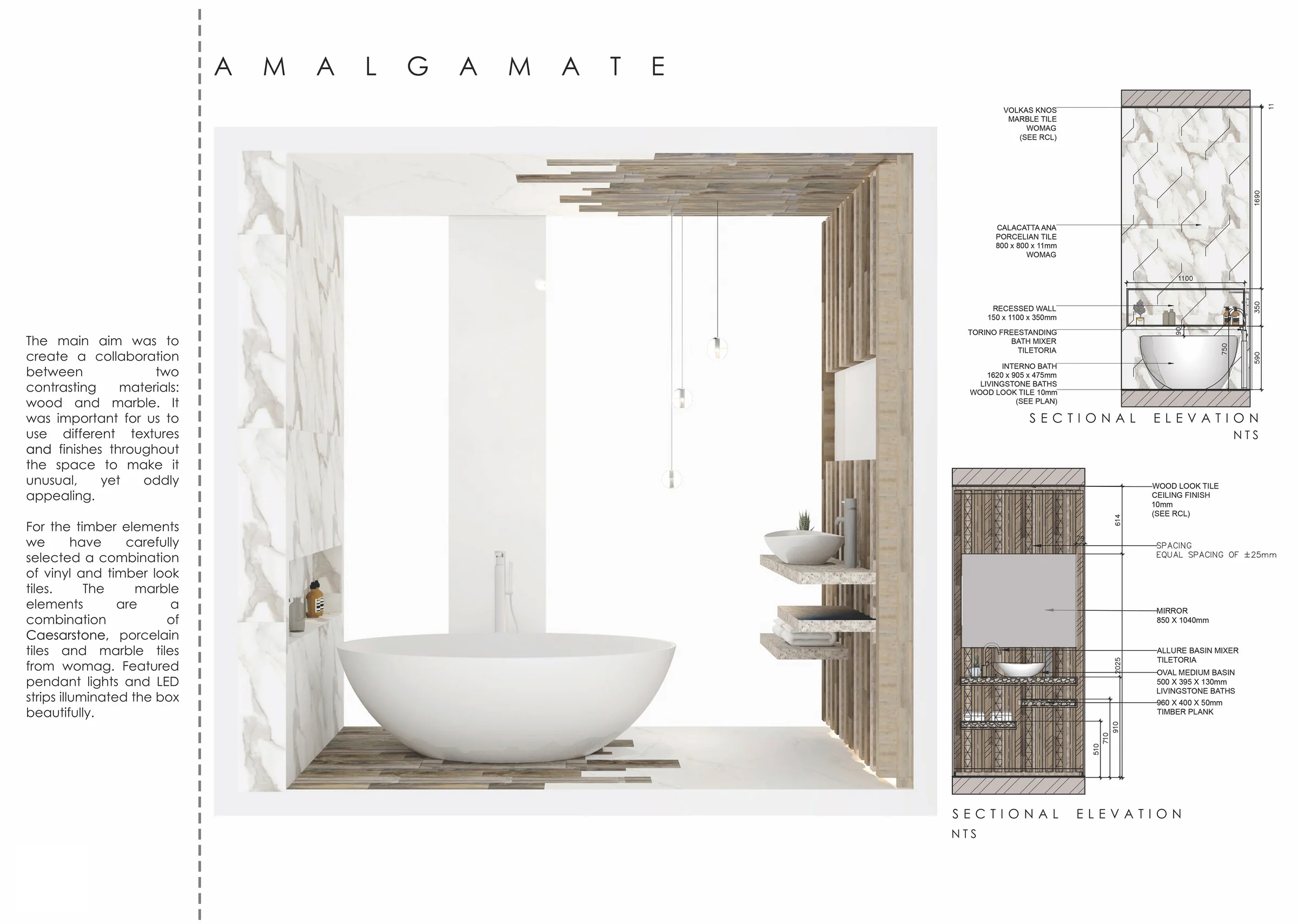 Concept board: freestanding bath in a box of marble and timber, with two sectional elevations