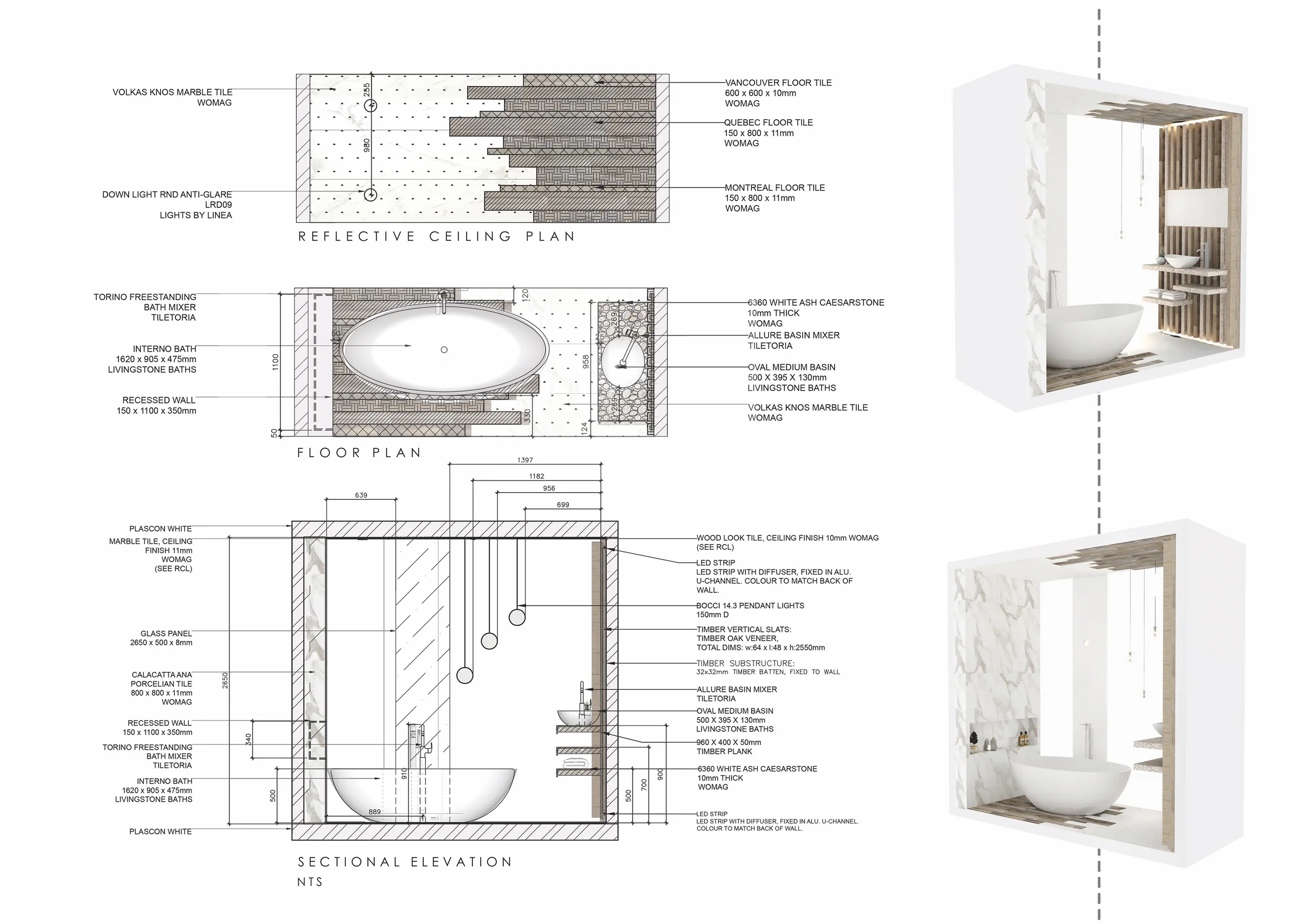 Reflected ceiling plan, floor plan, sectional elevation and two axonometric views of the display