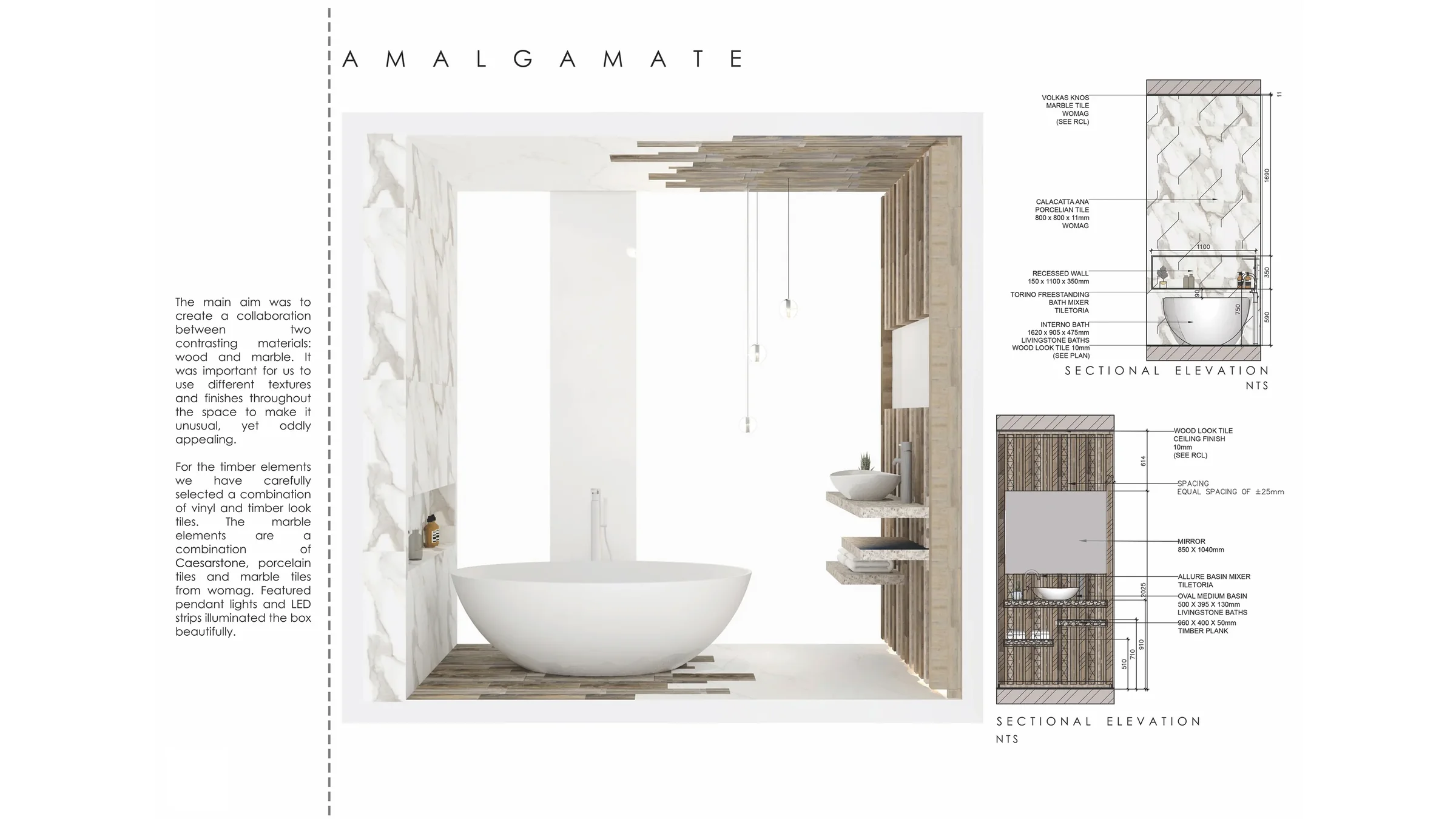 Amalgamate concept board: a freestanding bath in a box of marble and timber, with two sectional elevations