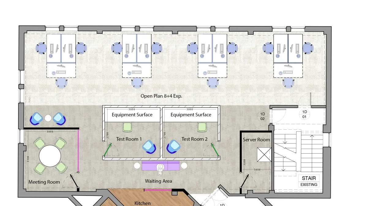Colour general-arrangement plan of an open-plan office floor with desks, test rooms and a waiting area