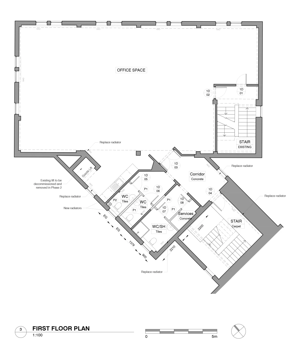 First-floor office plan at 1:100 (existing)