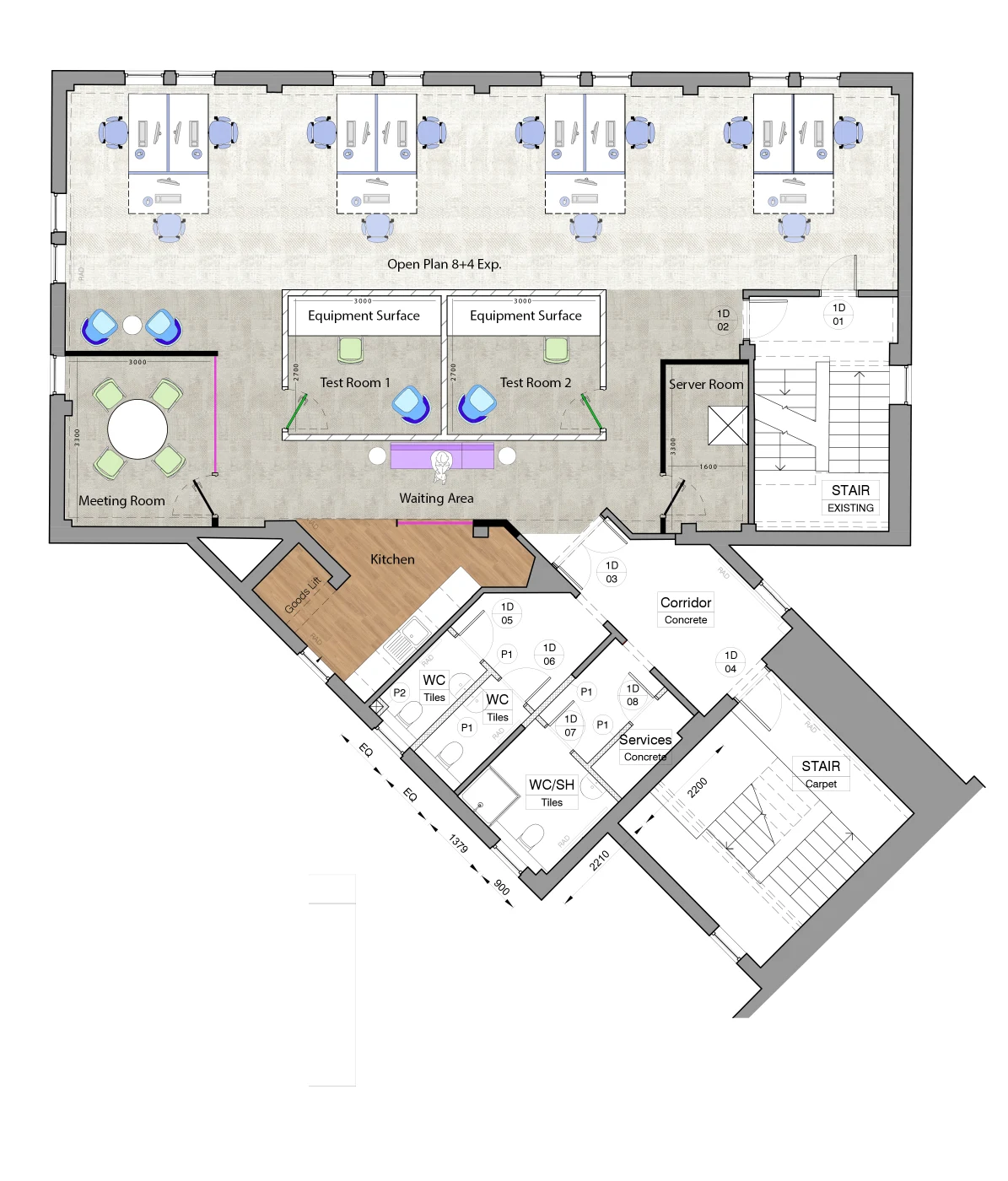 First-floor office plan at 1:100 (proposed)