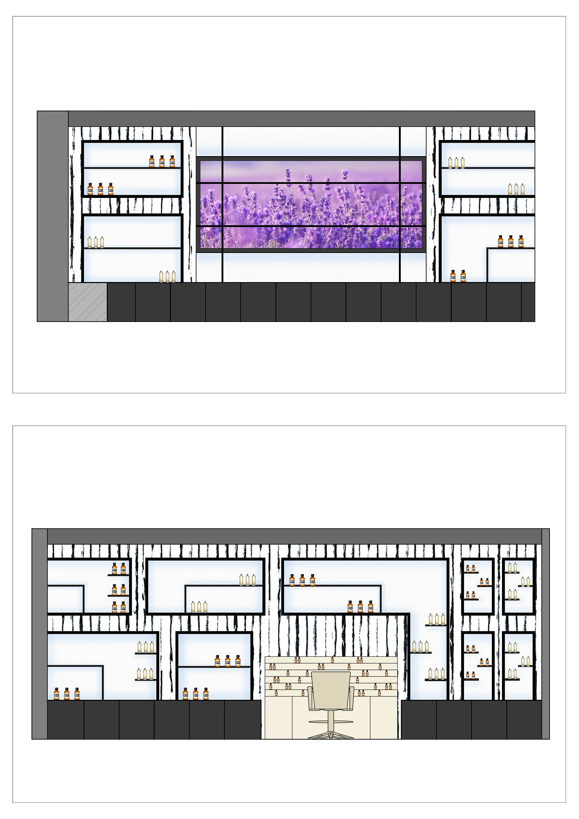 Display shelving and cabinetry elevations with a backlit feature panel