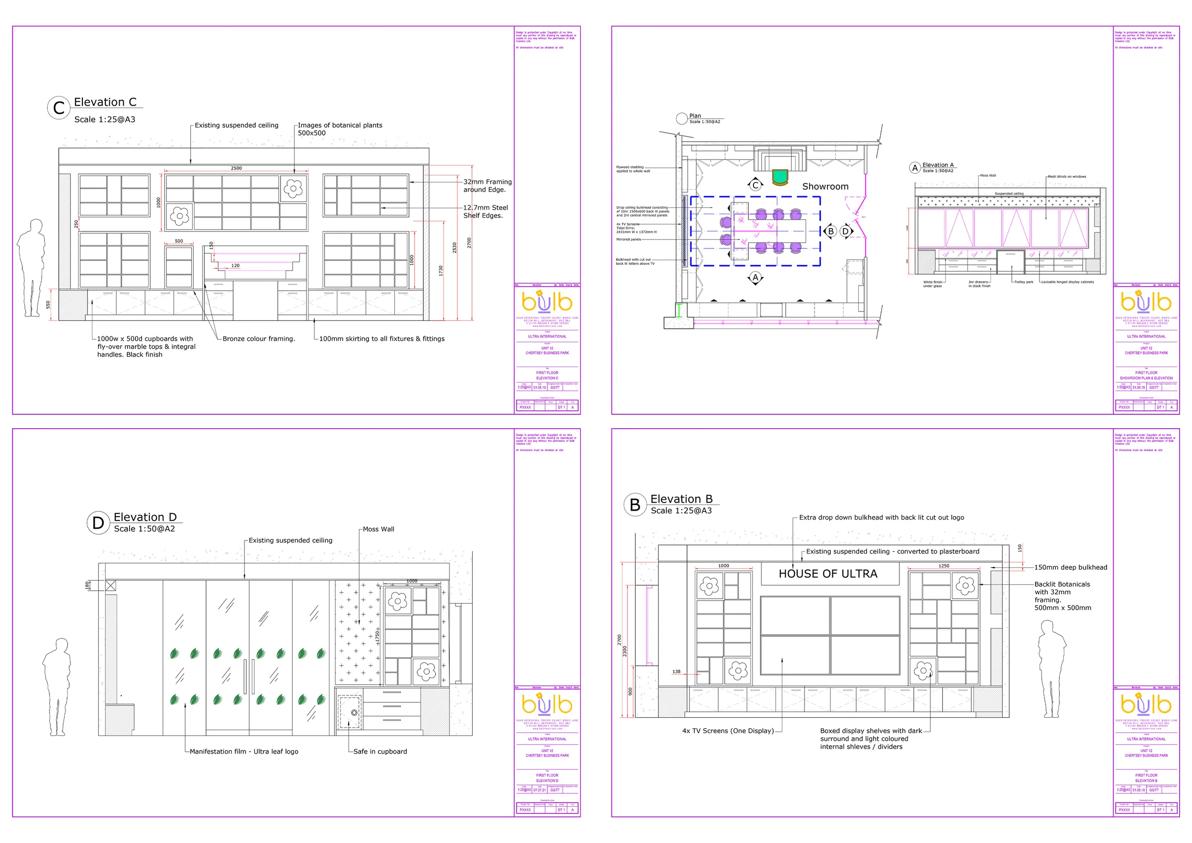 Four showroom elevations with dimensions and notes