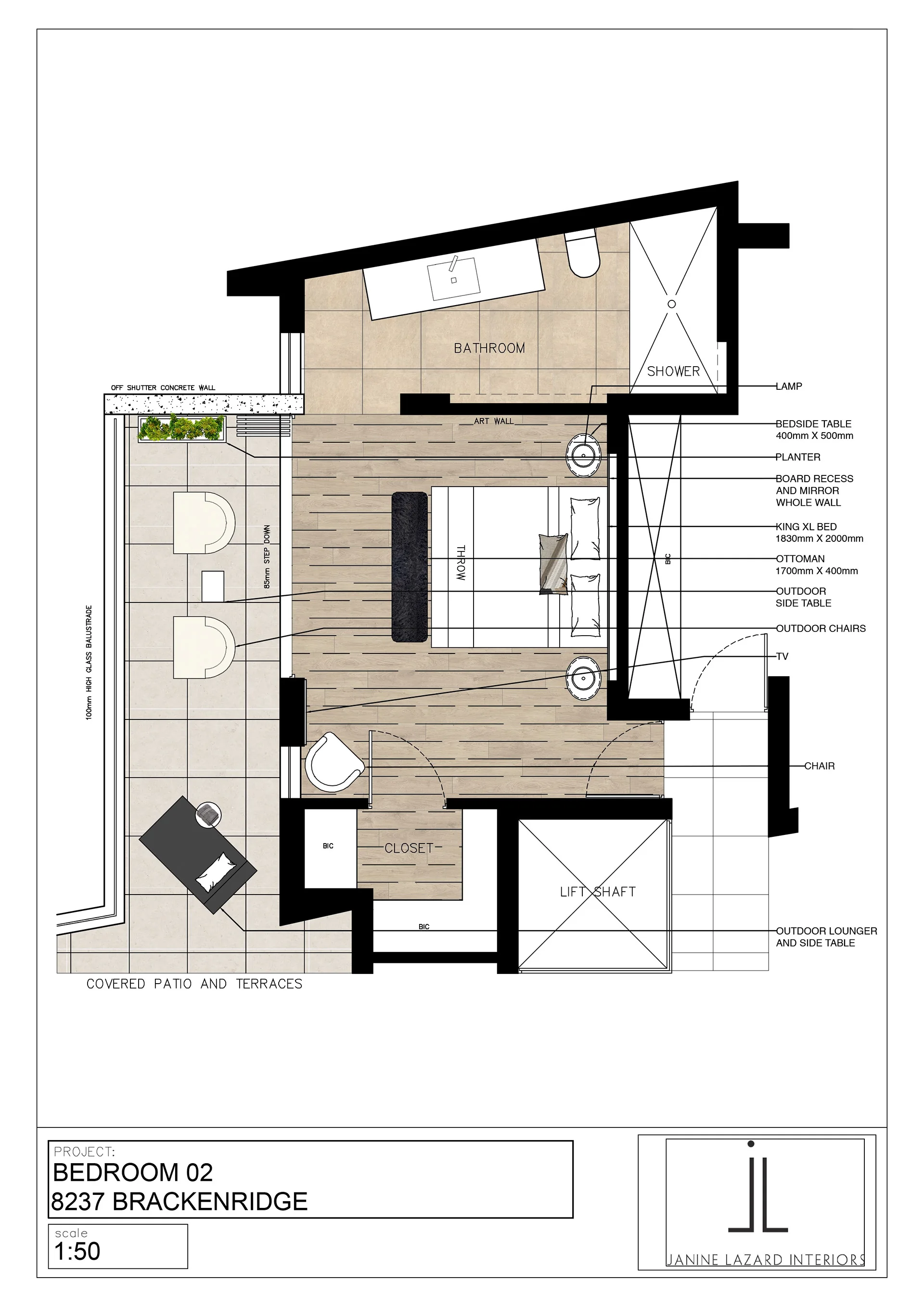 Rendered plan of a bedroom suite with bathroom and covered patio, 1:50