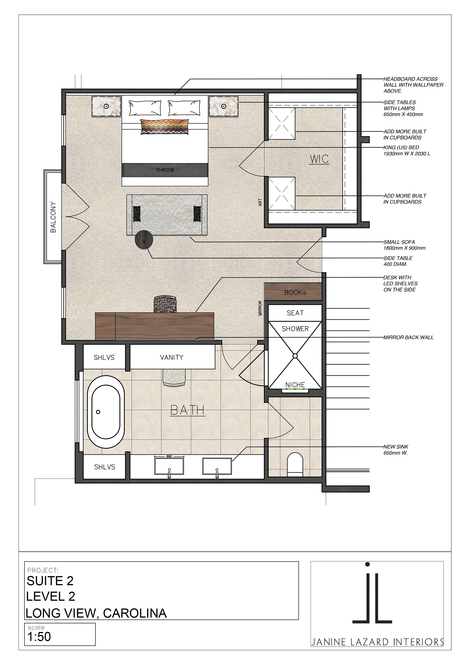 Rendered plan of a suite with bedroom, closet and bathroom, 1:50