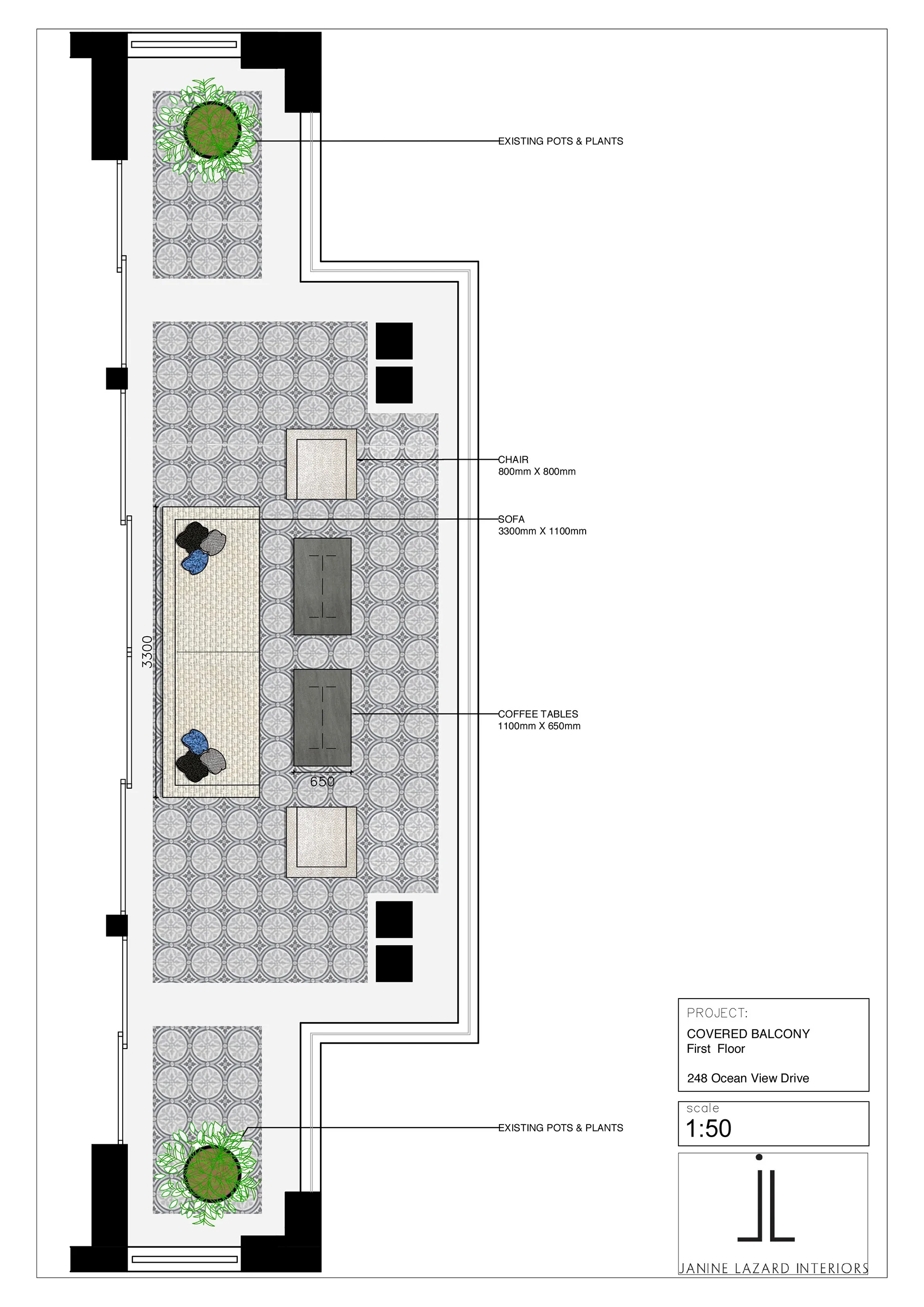 Rendered plan of a covered balcony with seating, 1:50