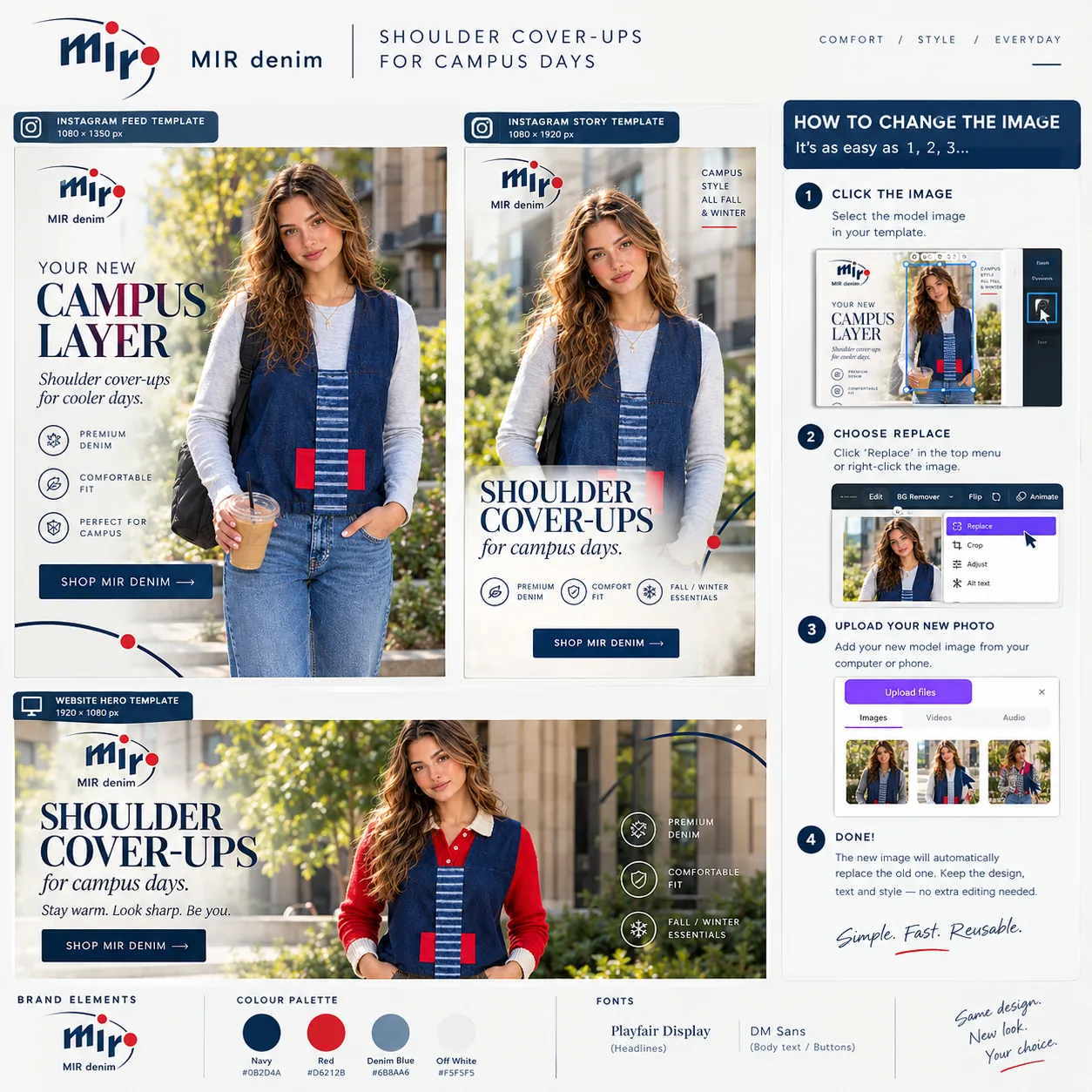 MIR Denim template showcase: feed, story and hero layouts for the Campus Layer campaign