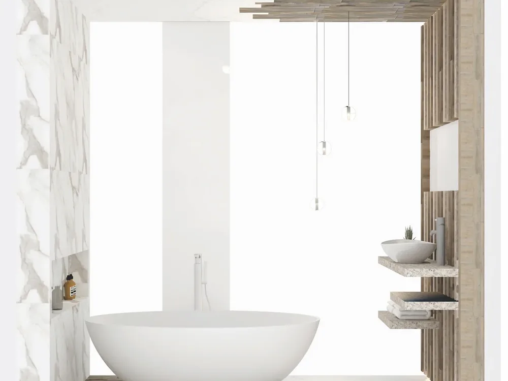 Freestanding bath in a box of marble and timber