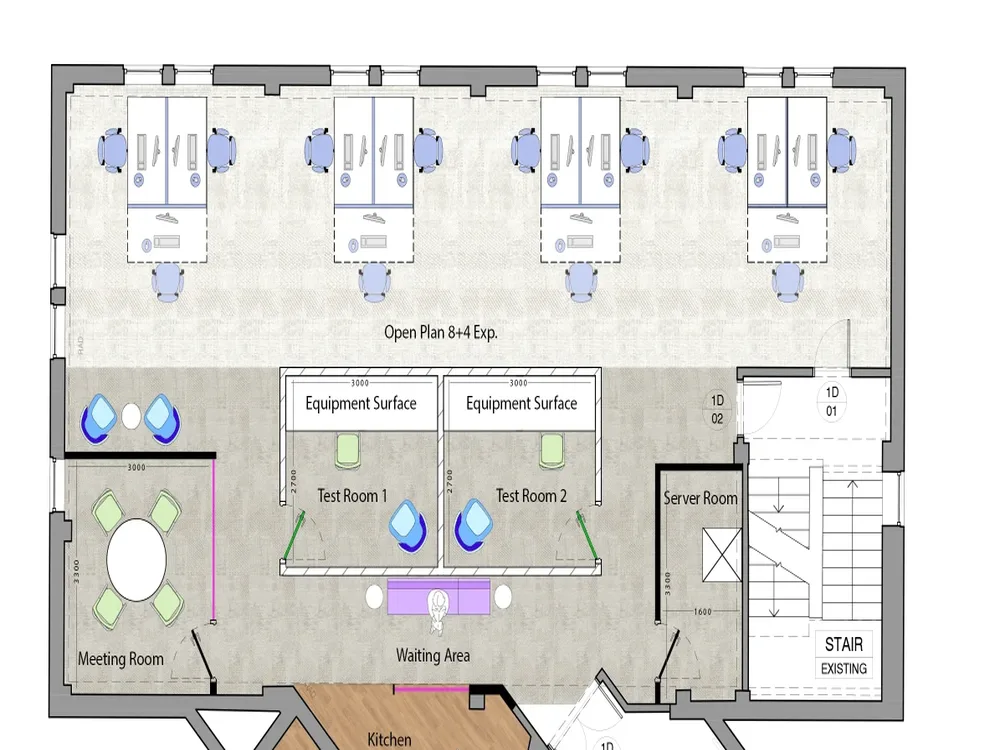 Colour office floor plan with desks and test rooms