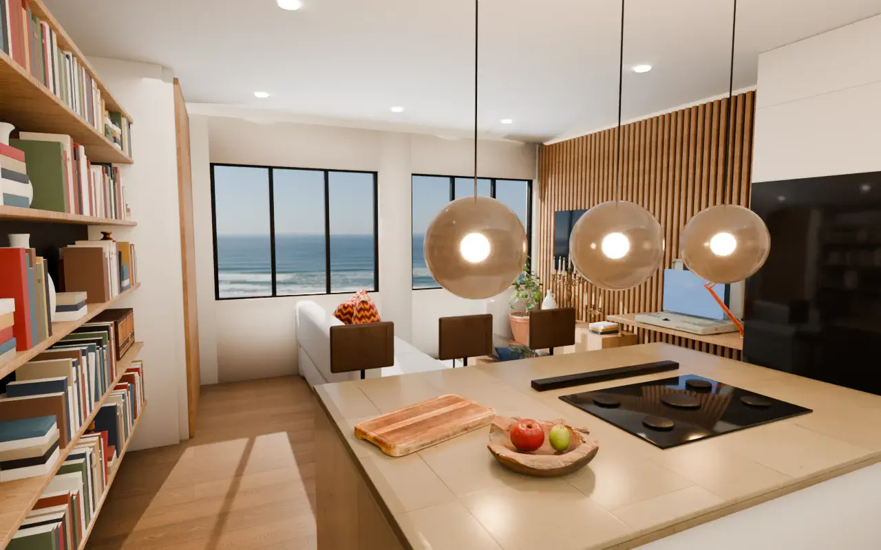 Kitchen island with pendant lights and a library wall