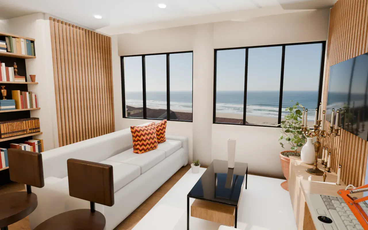 Living room with shelving, facing the sea