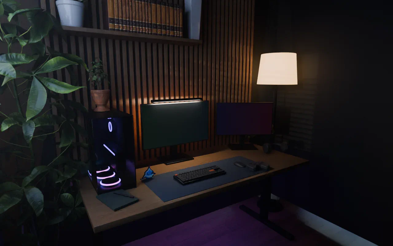 Night-time gaming desk with a lit PC, lamp and plants, from this site's Games chapter