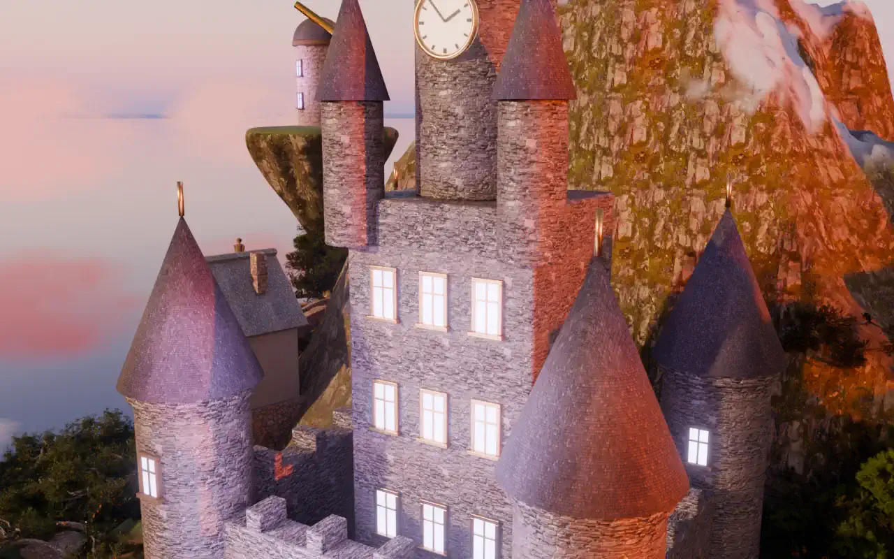 The Haven island at dusk with lit windows